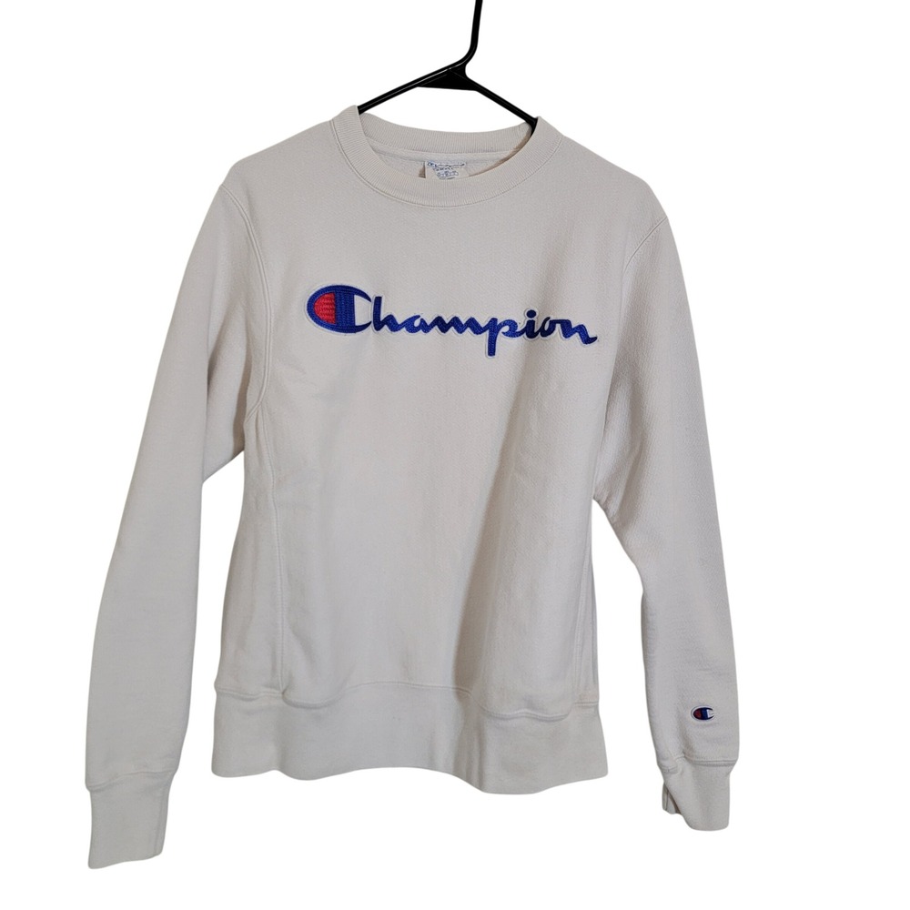 Vintage Champion Logo Reverse Weave Cream Pullover Long Sleeve Small Crewneck